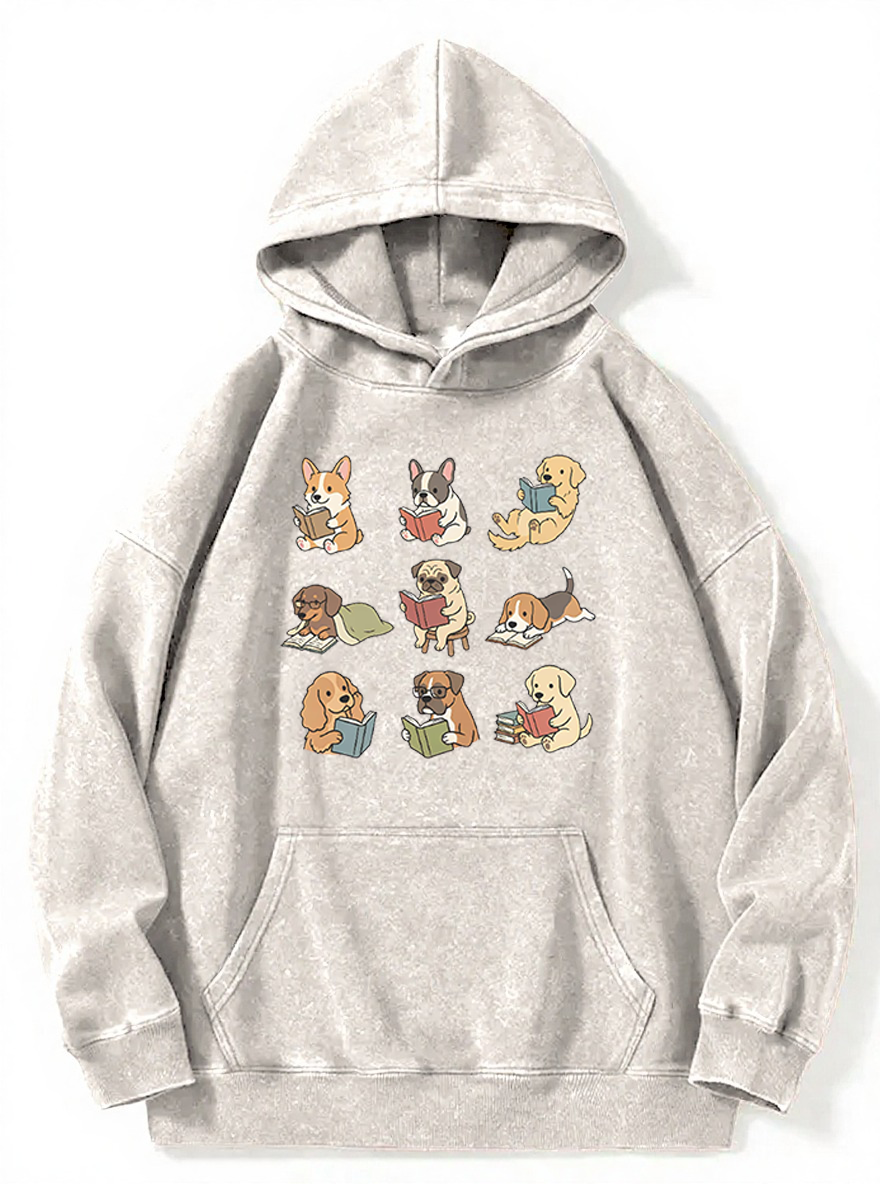 Vintage Funny Dog Reading Washed Hoodie