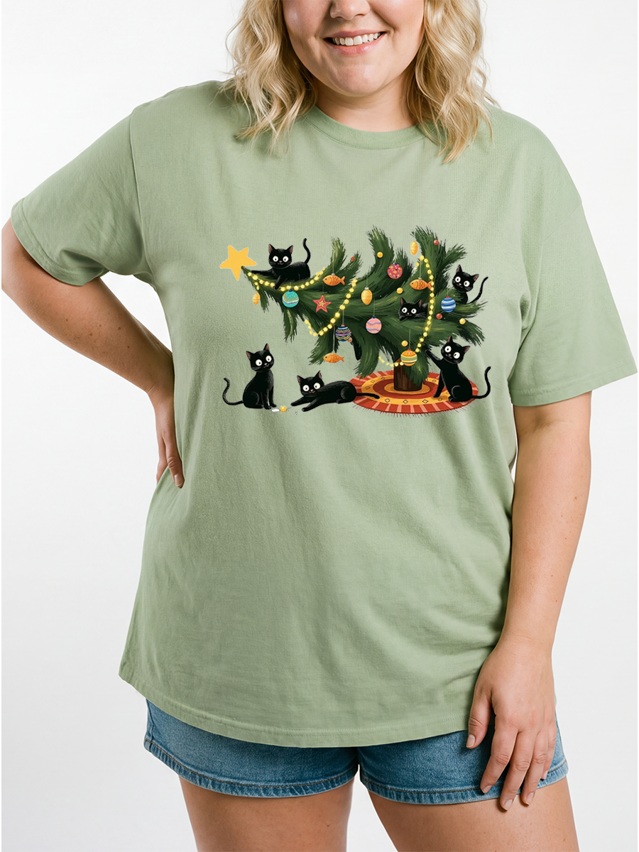 Vintage Cute Christmas Tree Cat Lover Oversize Graphic Tee