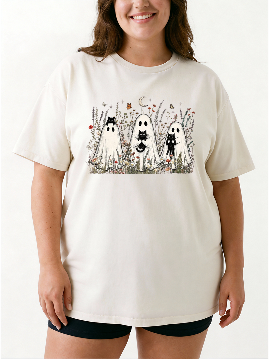 Vintage Ghost Black Cat Wildflower Oversize Graphic Tee