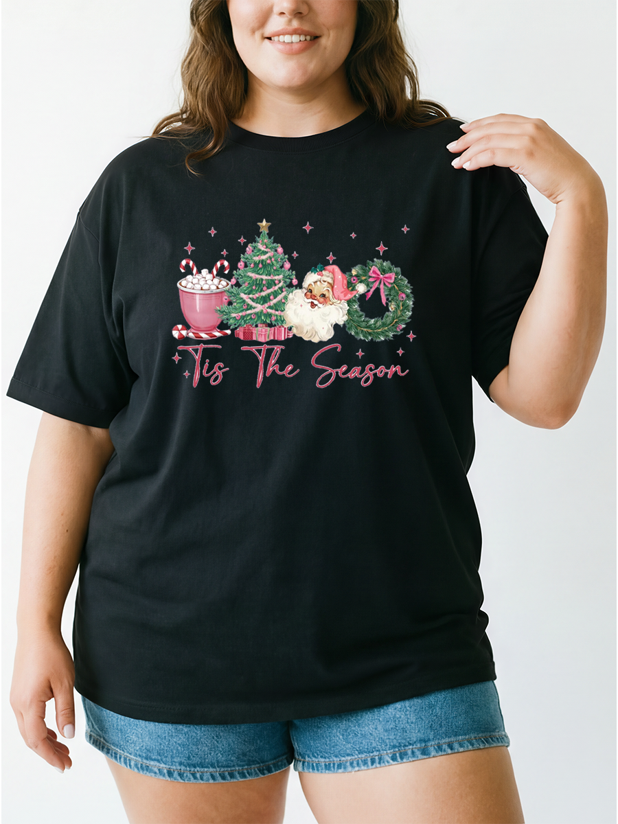 Vintage Tis The Season Girly Christmas Oversize Graphic Tee