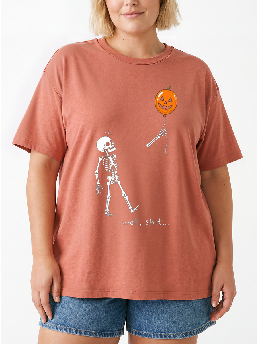 Vintage Funny Pumpkin Balloon Well Shit Skeleton Oversize Graphic Tee