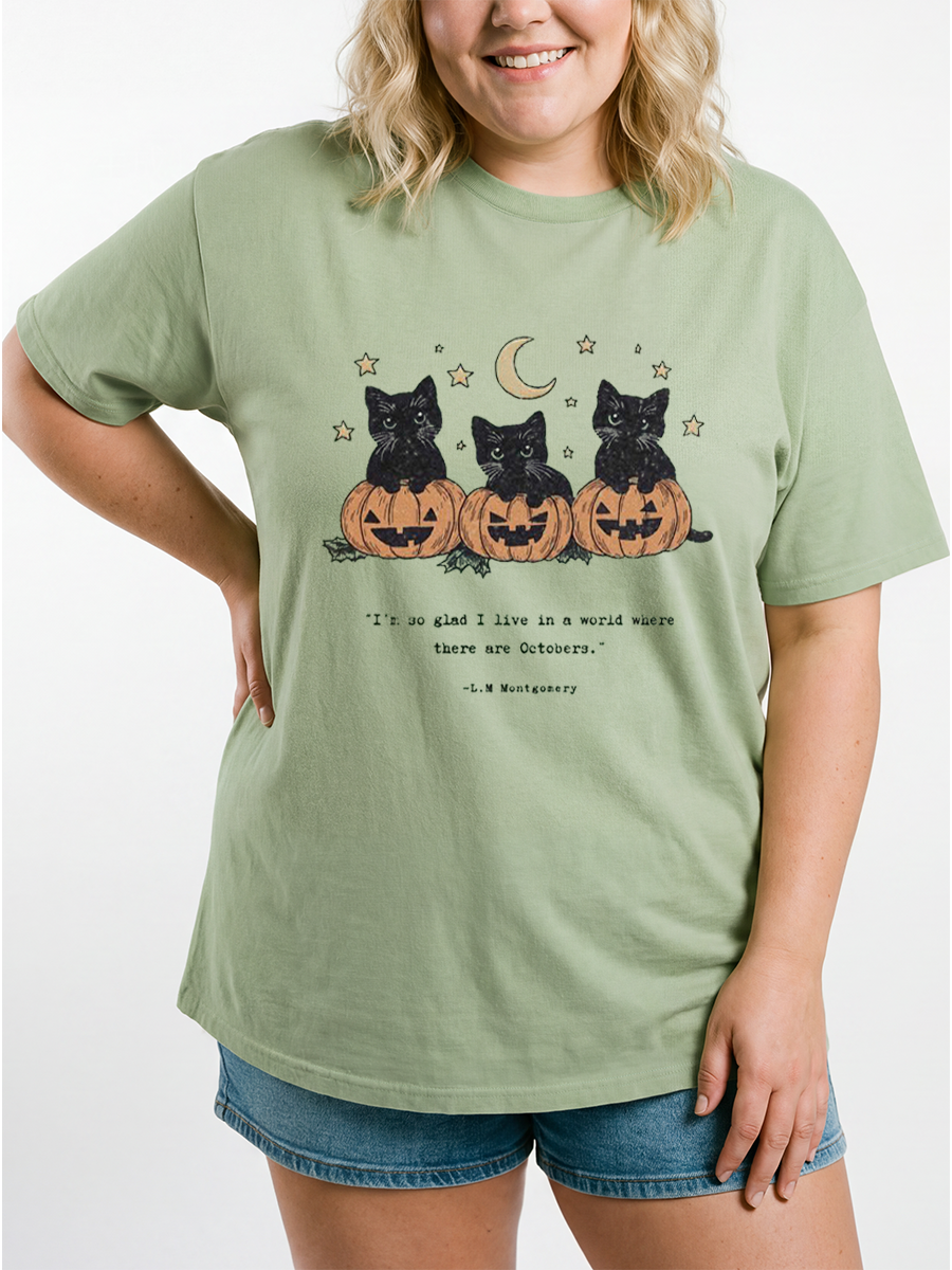 Vintage Halloween Cute Black Cats Oversize Graphic Tee