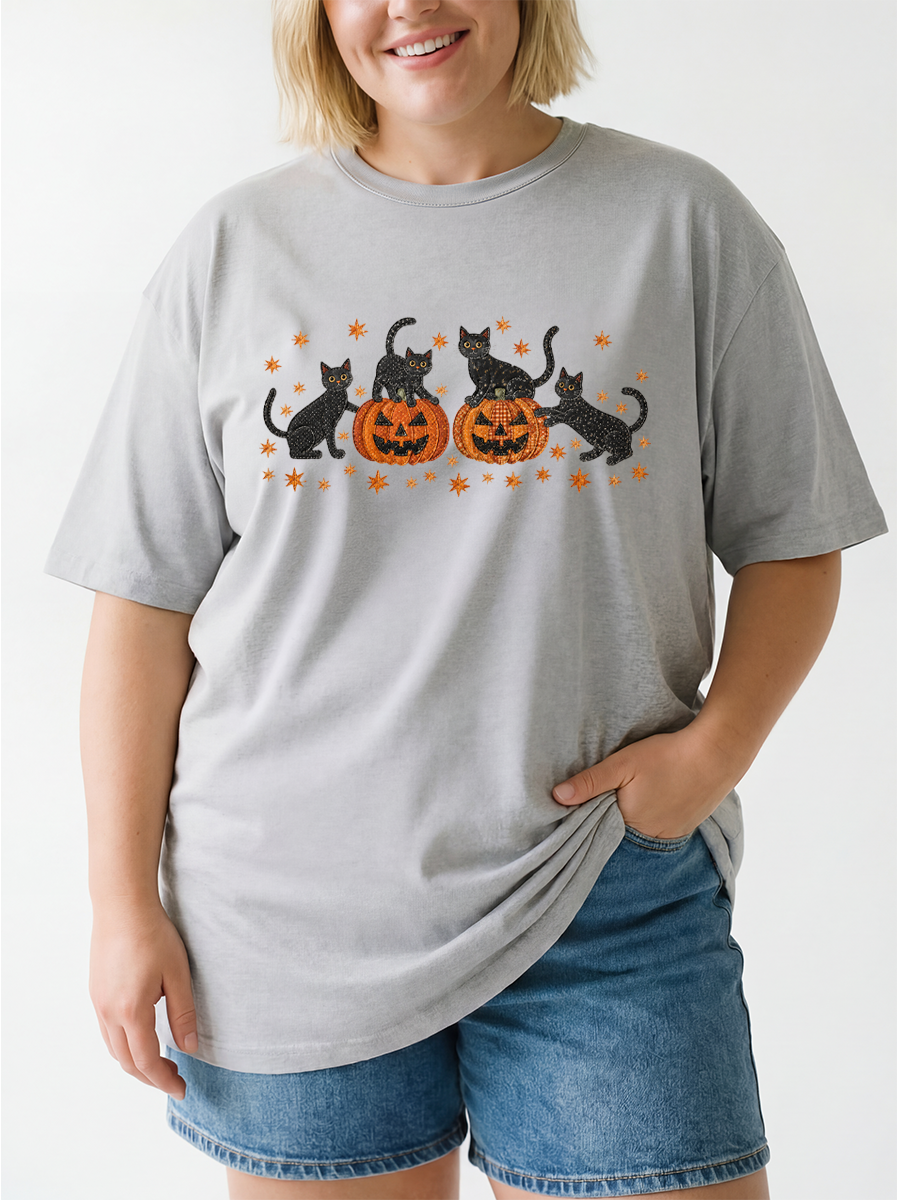 Vintage Halloween Cat Pumpkin Oversize Graphic Tee