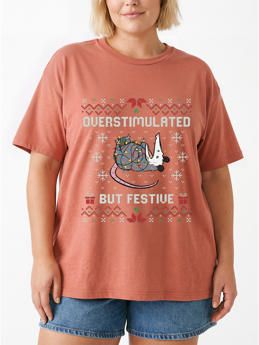 Vintage Overstimulated But Festive Possum Christmas Oversize Graphic Tee