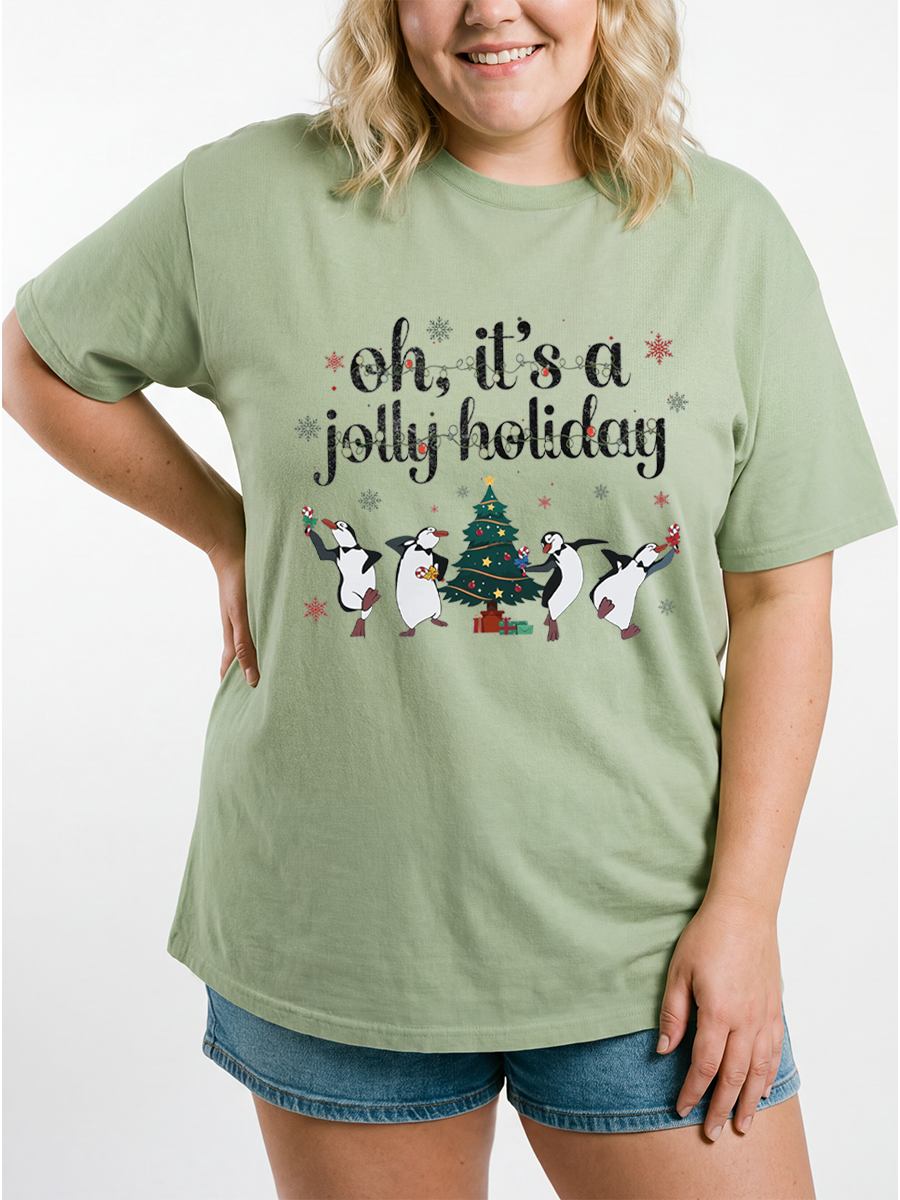 Vintage Oh It'S A Jolly Holiday Santa Penguins Christmas Light Oversize Graphic Tee