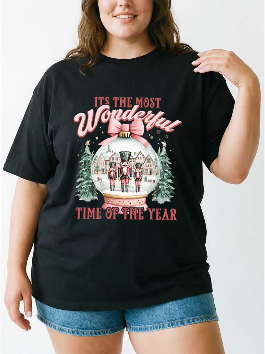 Vintage  Christmas Nutcracker And Snow Globe Oversize Graphic Tee