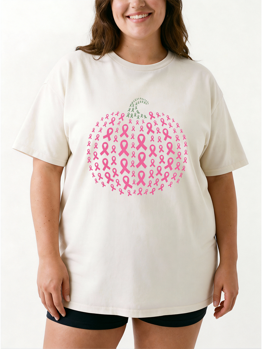 Vintage Pink Ribbon Pumpkin Breast Cancer Awareness Oversize Graphic Tee