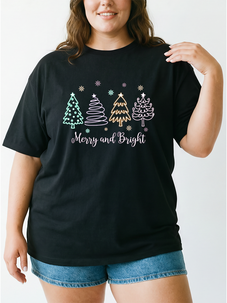 Vintage Merry And Bright Neon Christmas Oversize Graphic Tee