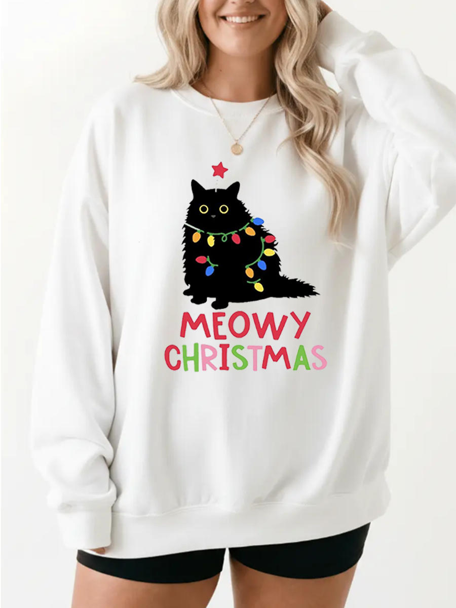 Vintage Meowy Christmas Black Cat Graphic Sweatshirt