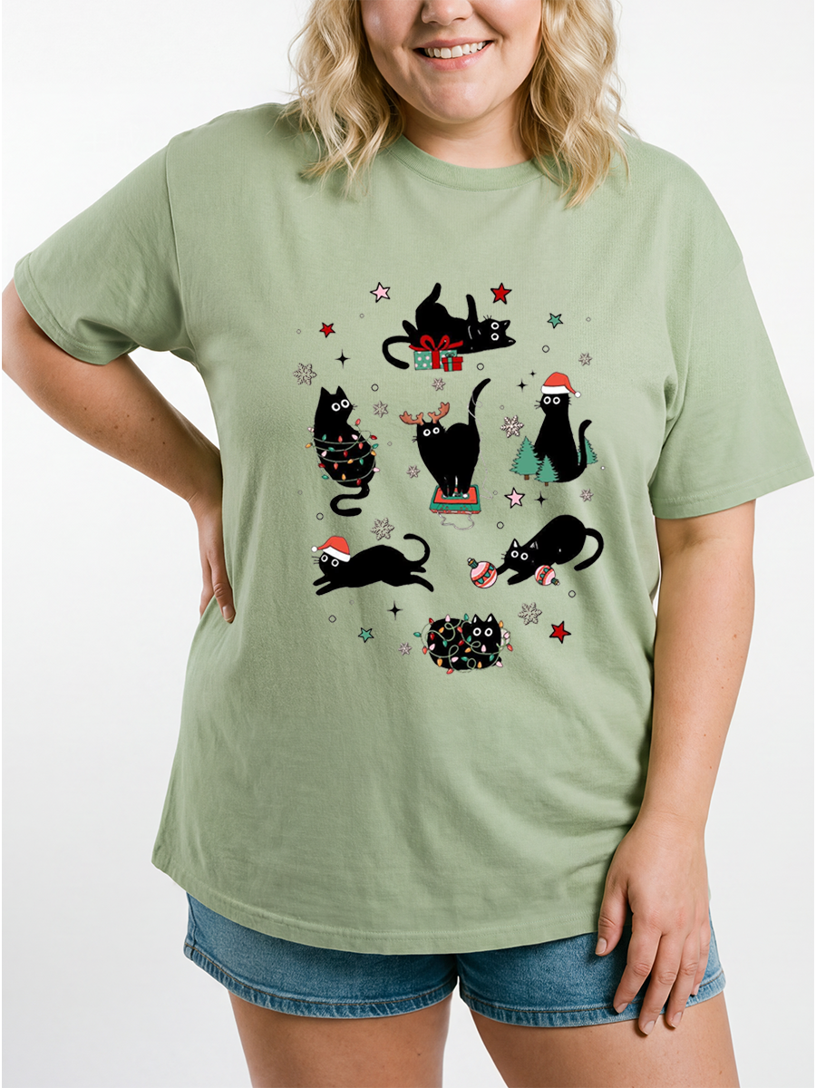 Vintage Christmas Black Cat Oversize Graphic Tee