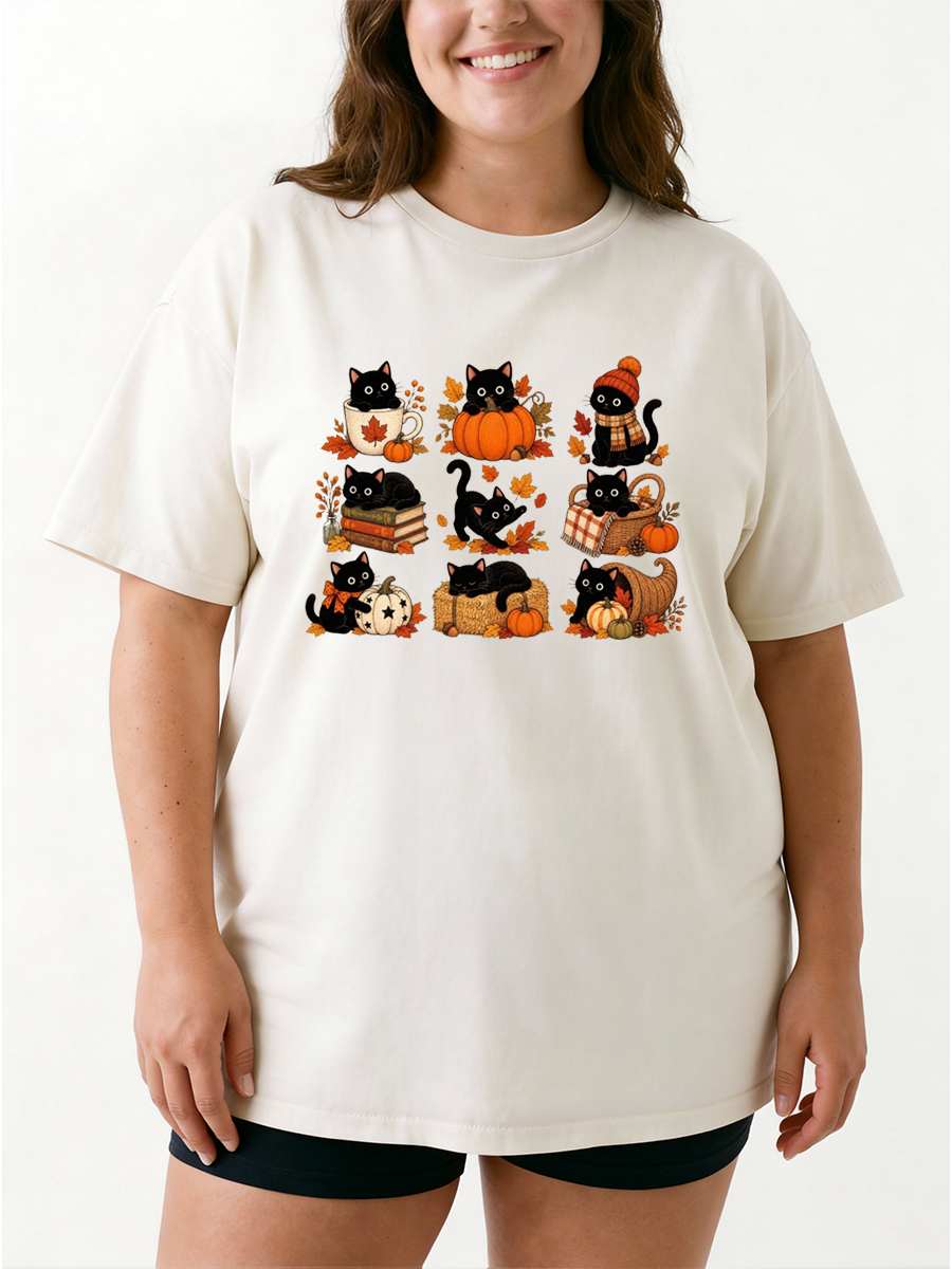 Vintage Fall Cat Oversize Graphic Tee