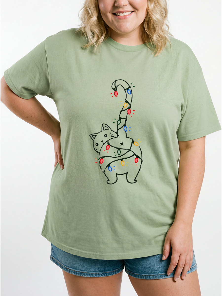 Vintage Christmas Light Cat Oversize Graphic Tee