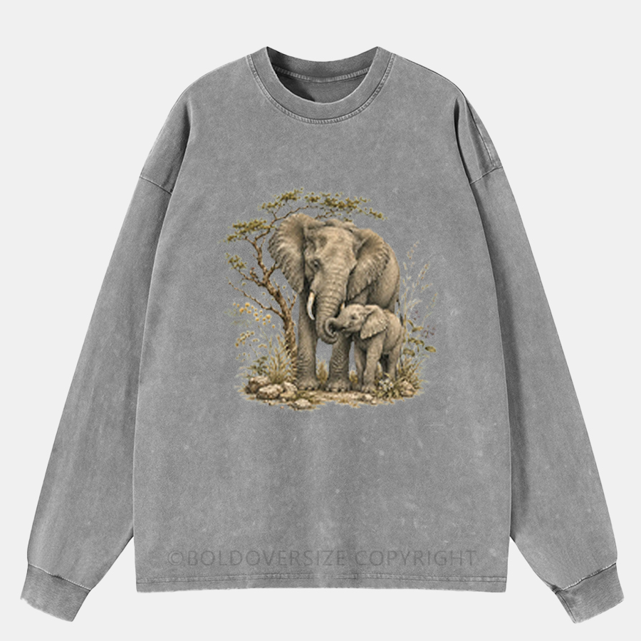 Vintage Elephant Animal Washed Long Sleeve Shirt