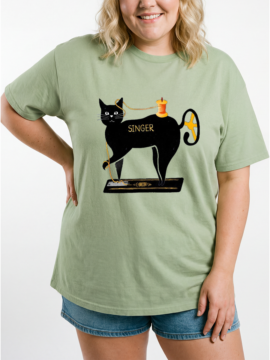 Vintage Cat-Shaped Sewing Machine Oversize Graphic Tee
