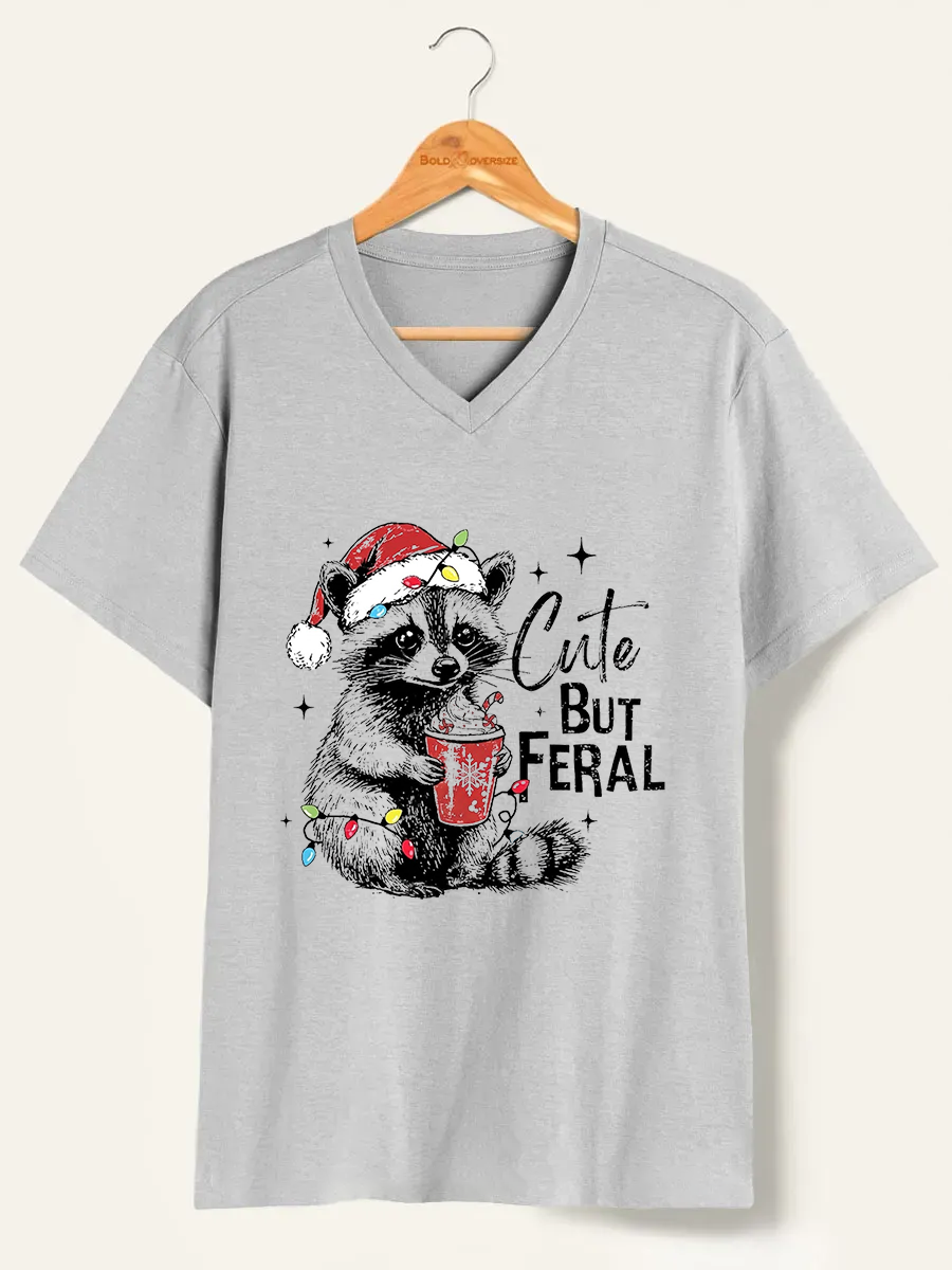 Vintage Cute But Feral Christmas Racoon V-Neck Tee