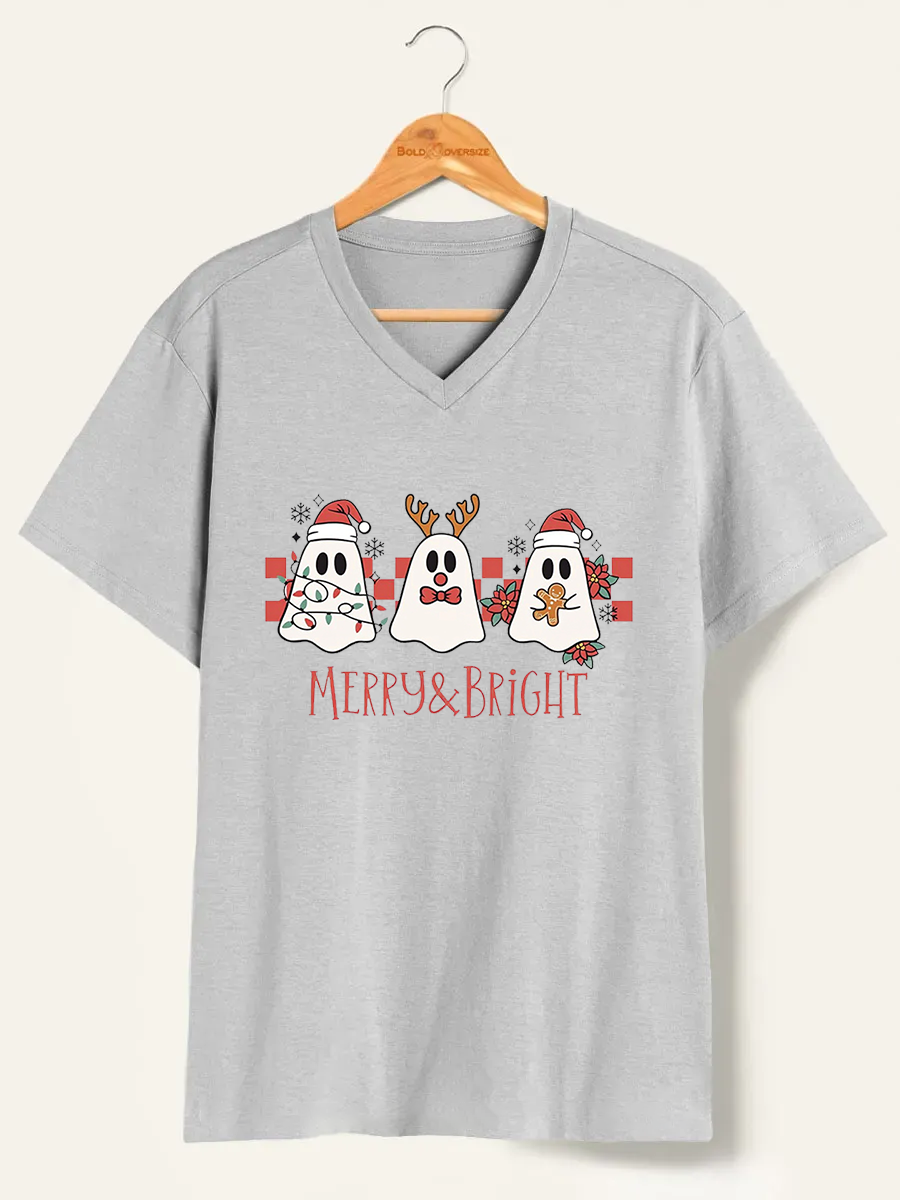 Vintage Merry Christmas Cute Ghost V-Neck Tee 