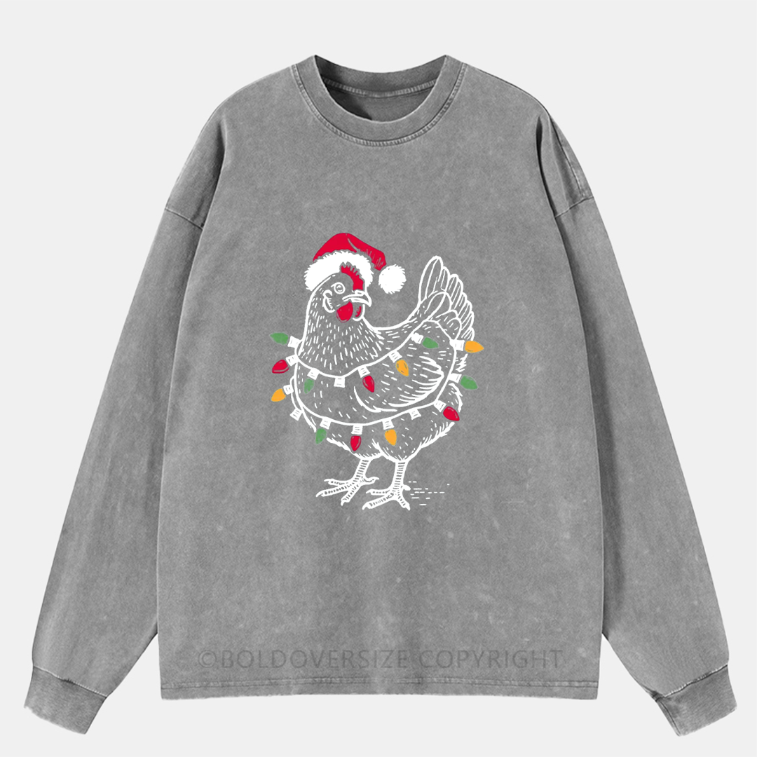 Vintage Farm Holiday Christmas Chicken Washed Long Sleeve Shirt
