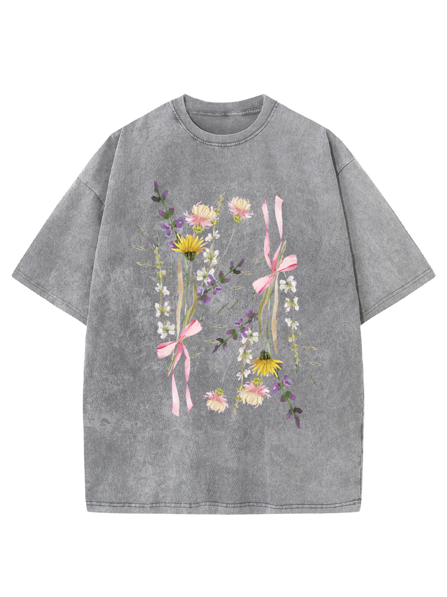 Vintage Wildflowers And Bow-knot Washed T-Shirt