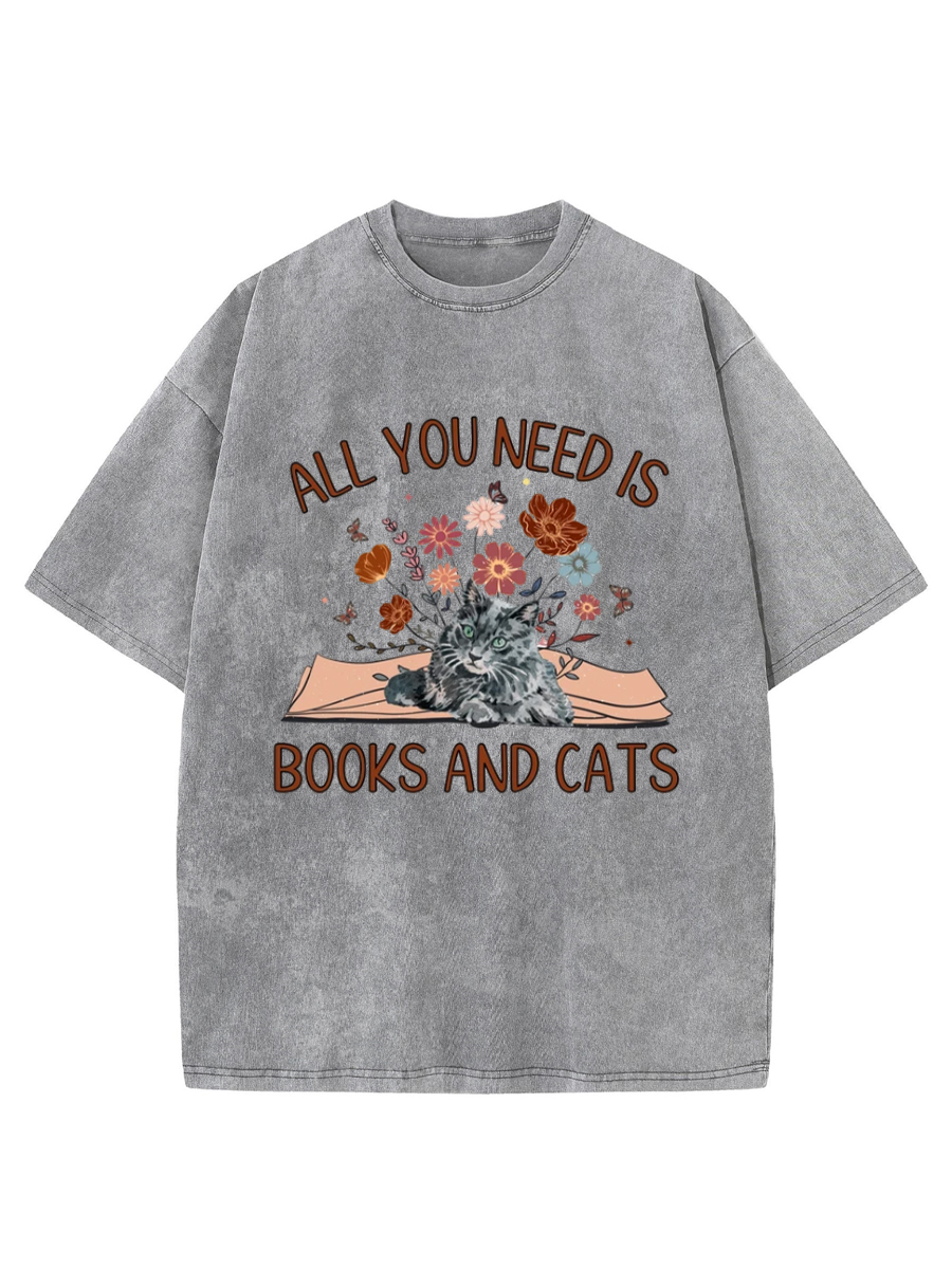 Vintage All You Need Is Books And Cats Washed T-Shirt