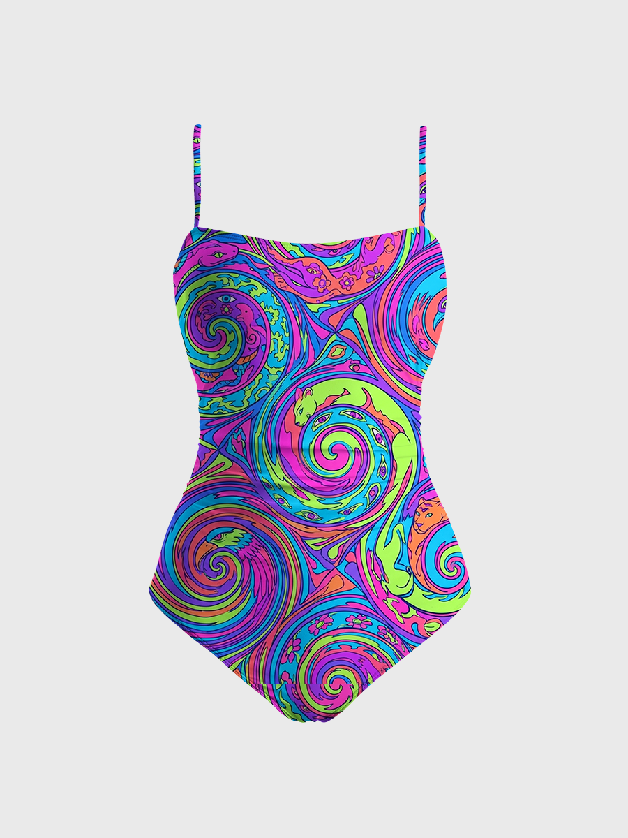 Vintage Psychedelic Boho Animal One Piece Slim-Strap Swimsuit