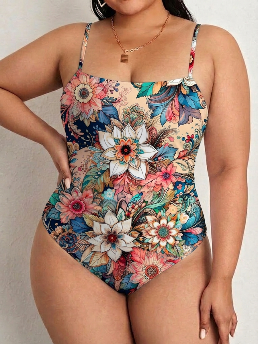 Vintage Mandala Floral One Piece Slim-Strap Swimsuit