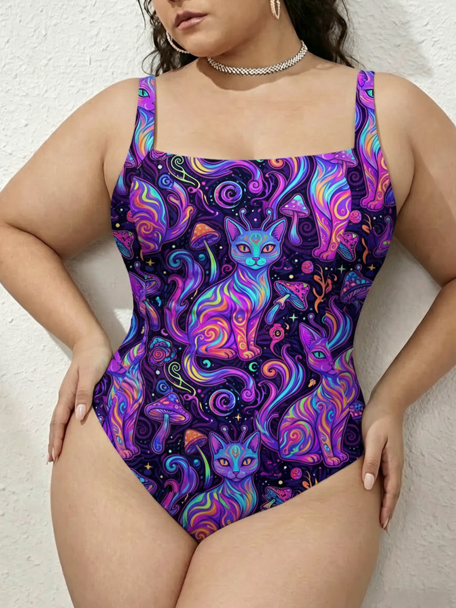 Vintage Psychedelic Alien Cat Art Gathered Swimsuit