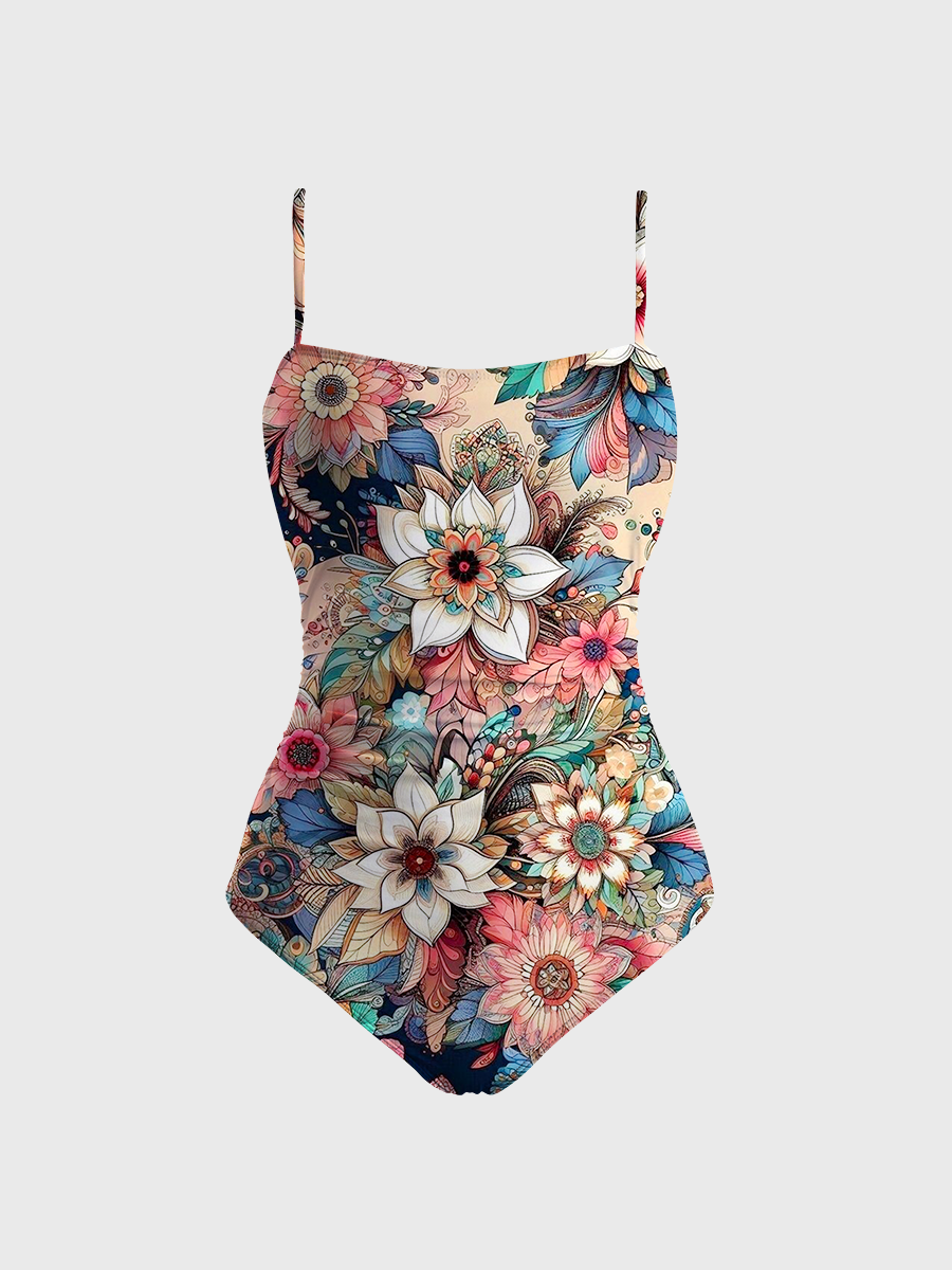 Vintage Mandala Floral One Piece Slim-Strap Swimsuit