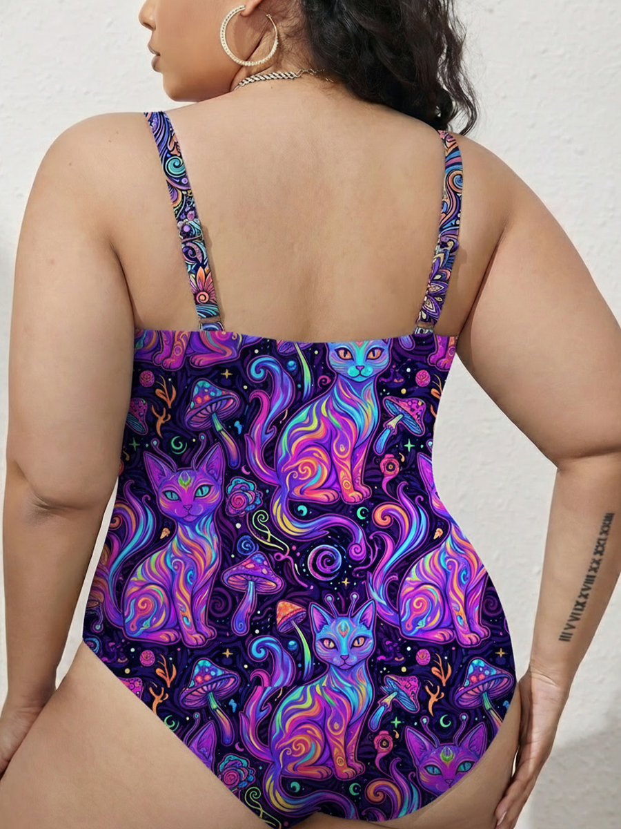 Vintage Psychedelic Alien Cat Art Gathered Swimsuit