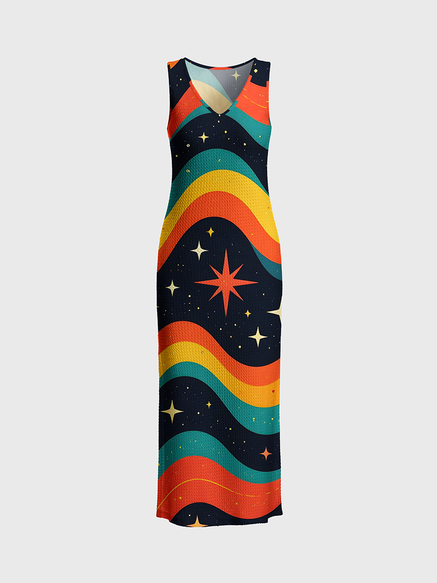 Retro Wavy Stripe Cosmic Open Stitch Midi Dress