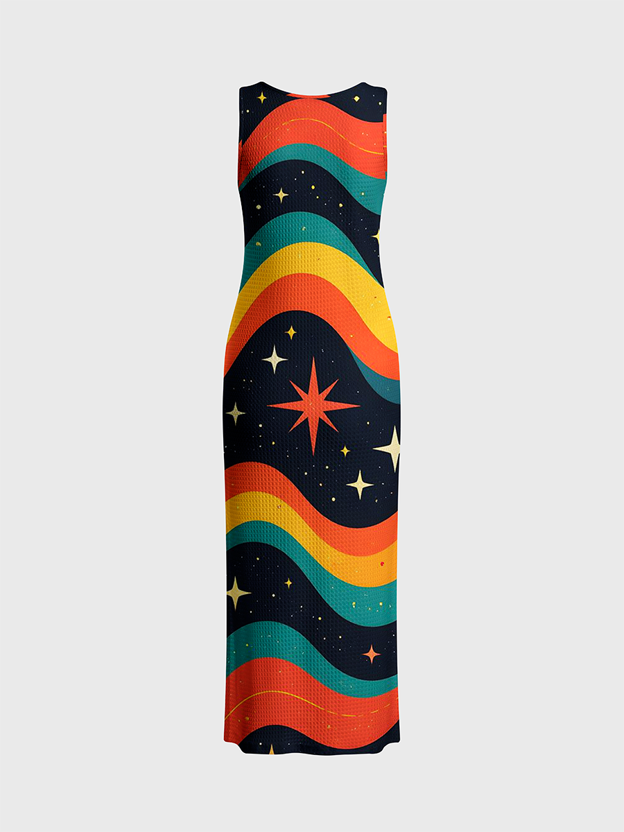 Retro Wavy Stripe Cosmic Open Stitch Midi Dress