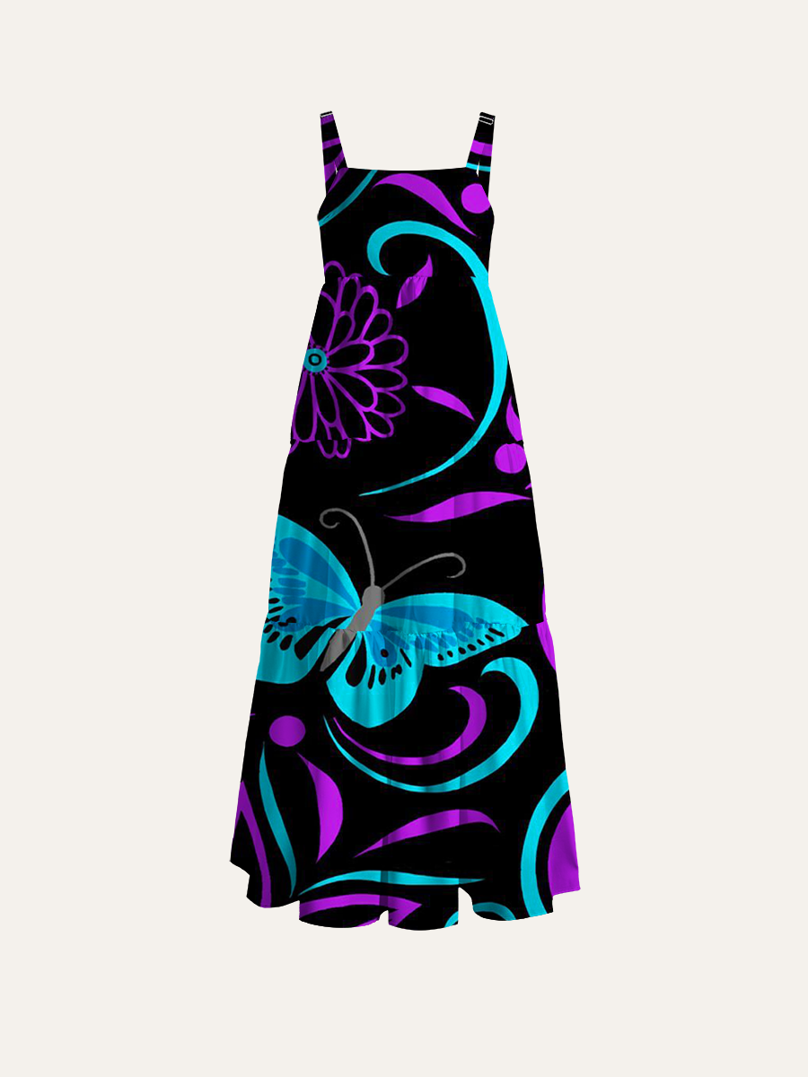 Purple Teal Tribal Butterfly Swirl Adjustable Wide Straps Maxi Dress