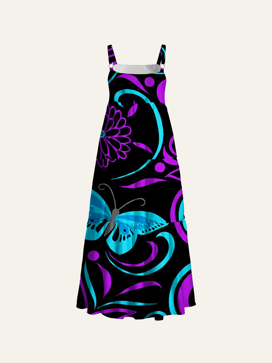 Purple Teal Tribal Butterfly Swirl Adjustable Wide Straps Maxi Dress