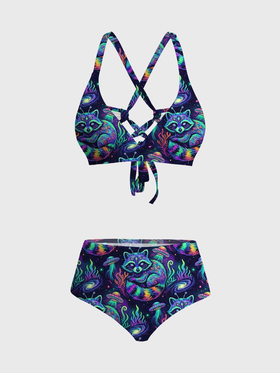 Vintage Psychedelic Alien Raccon Strappy Two-Piece Swimsuit
