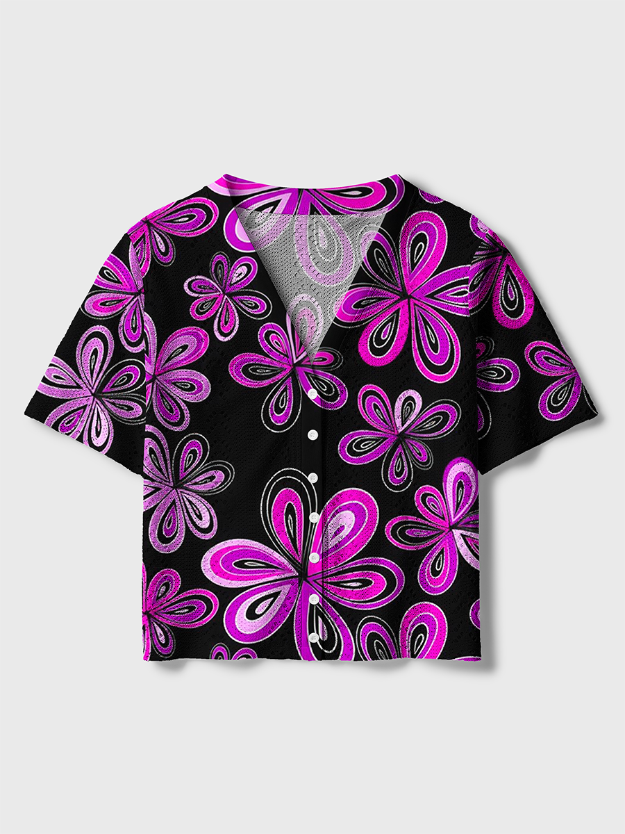 Pink Purple Gradient Flower Psychedelic Crochet Button Down Cardigan