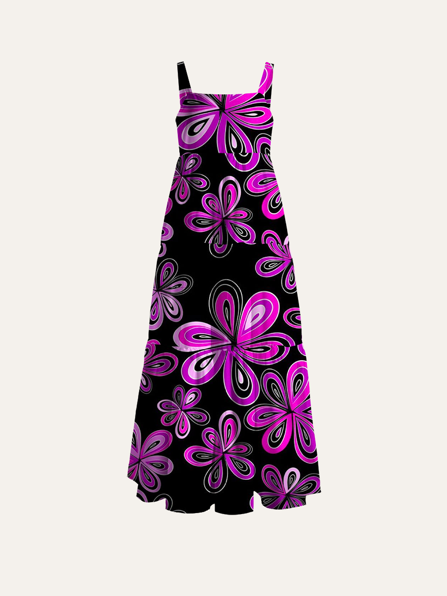 Pink Purple Gradient Flower Psychedelic Adjustable Wide Straps Maxi Dress