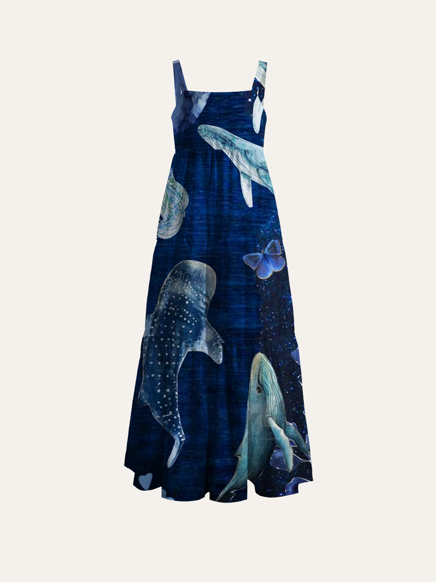 Watercolor Whale Jellyfish Ocean Collage Adjustable Wide Straps Maxi Dress