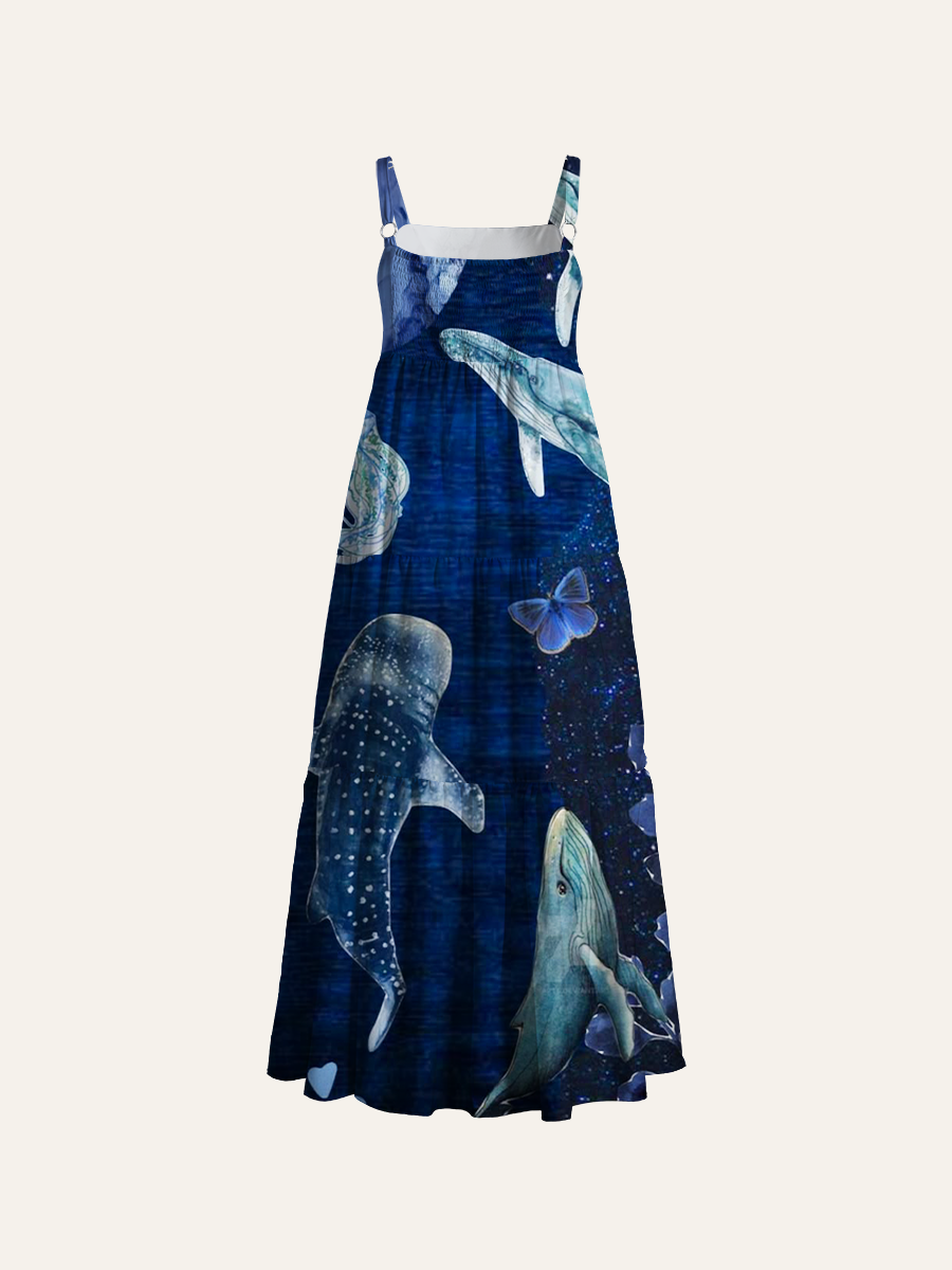 Watercolor Whale Jellyfish Ocean Collage Adjustable Wide Straps Maxi Dress