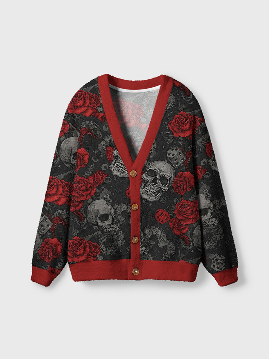 Vintage Dark Gothic Skull Red Rose Snake Dice Cardigan Sweaters