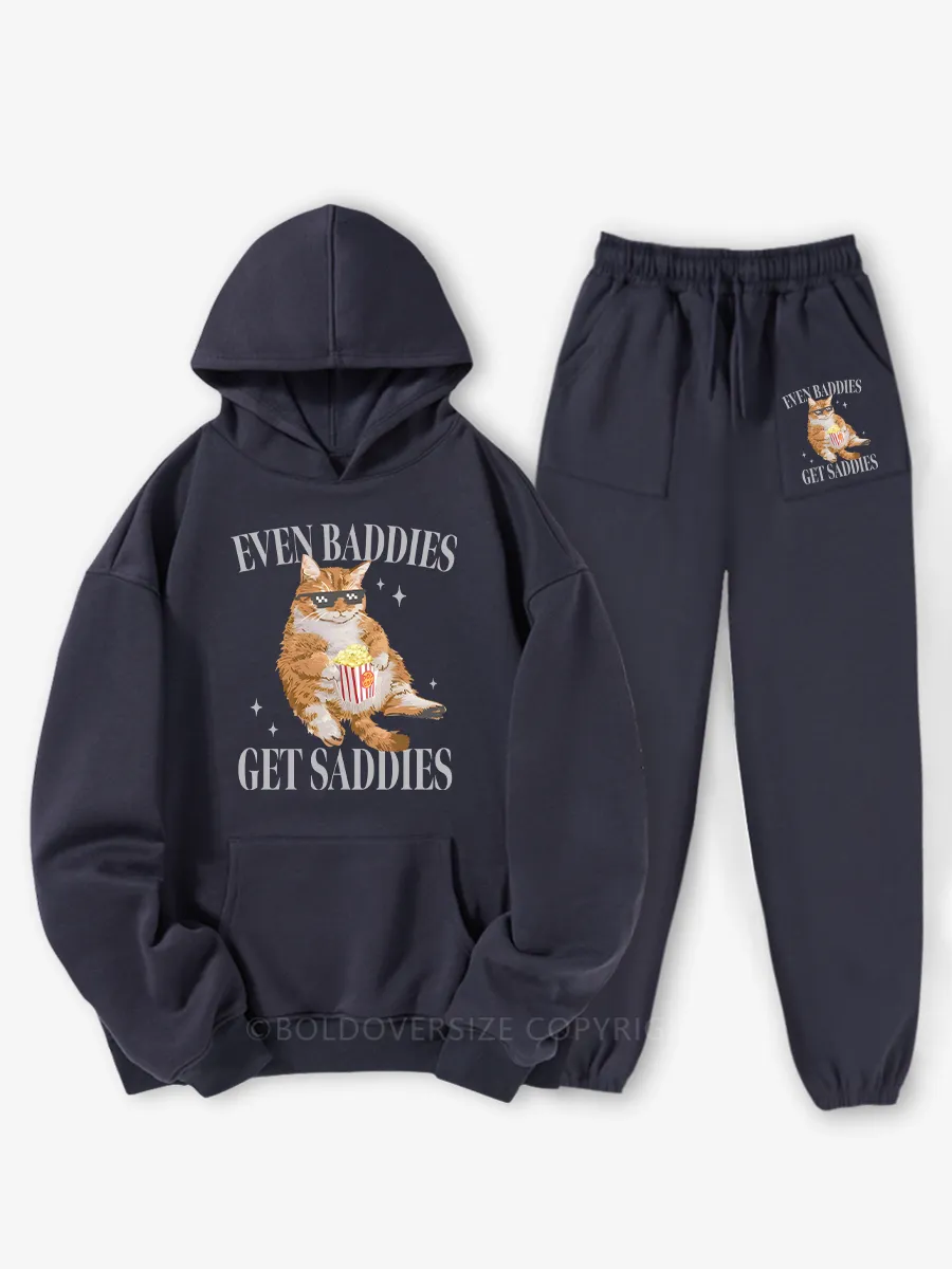 Vintage Cat Even Baddies Get Saddies Fleece Hoodie Suit