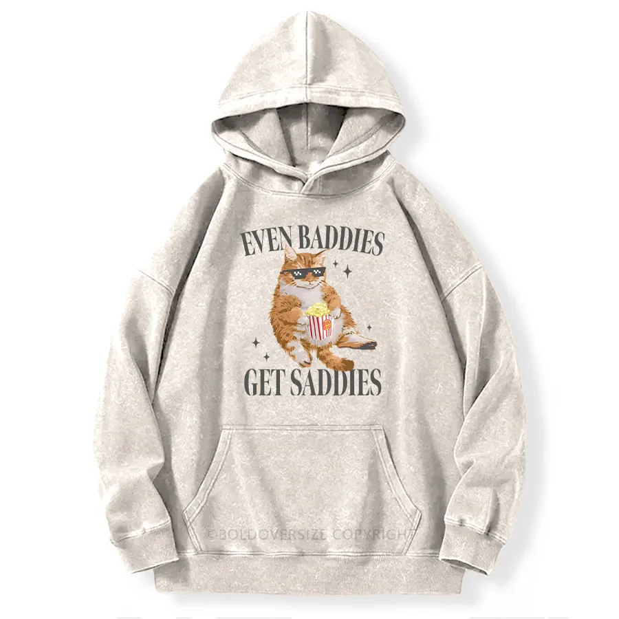 Vintage Cat Even Baddies Get Saddies Washed Hoodie
