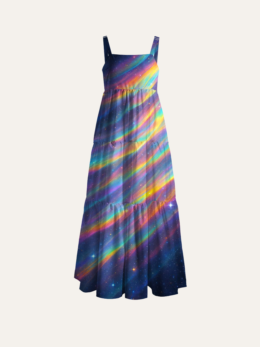 Rainbow Aurora Galaxy Fluid Iridescent Adjustable Wide Straps Maxi Dress