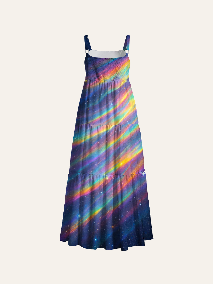 Rainbow Aurora Galaxy Fluid Iridescent Adjustable Wide Straps Maxi Dress