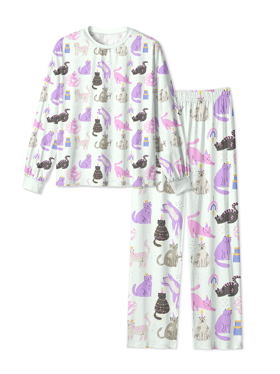 Vintage Cute Cartoon Party Cats And Drinks Pajamas