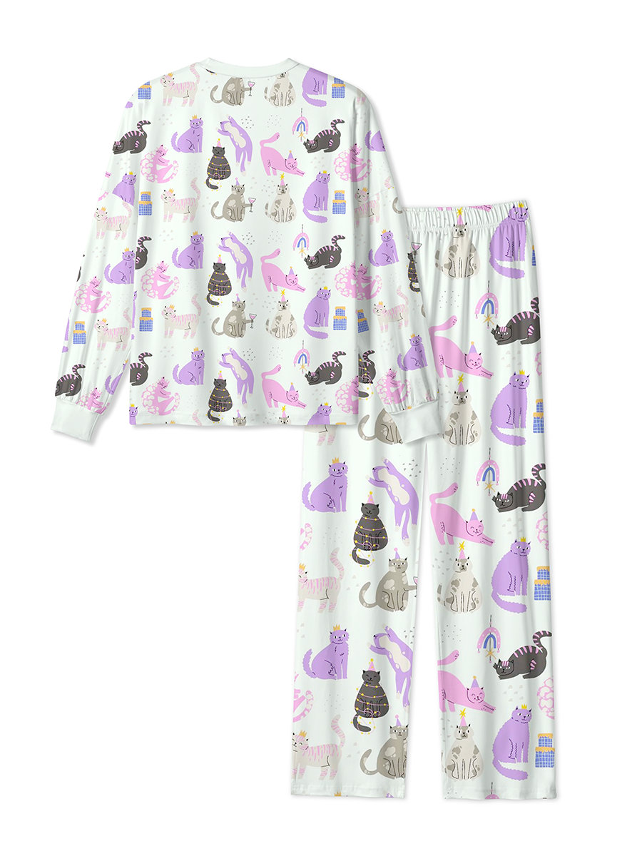 Vintage Cute Cartoon Party Cats And Drinks Pajamas