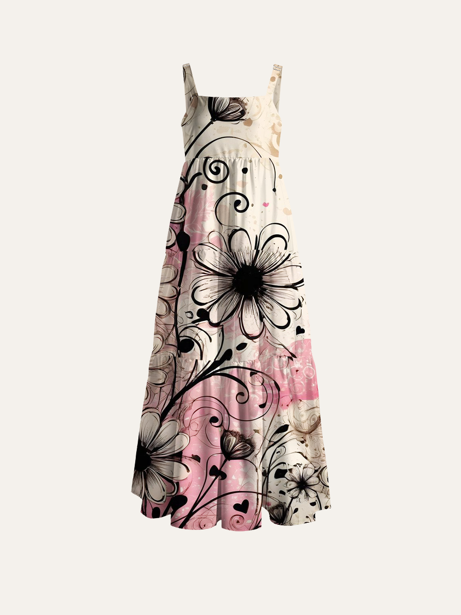 Beige Base Black Outline Daisy & Heart Vintage Collage Adjustable Wide Straps Maxi Dress