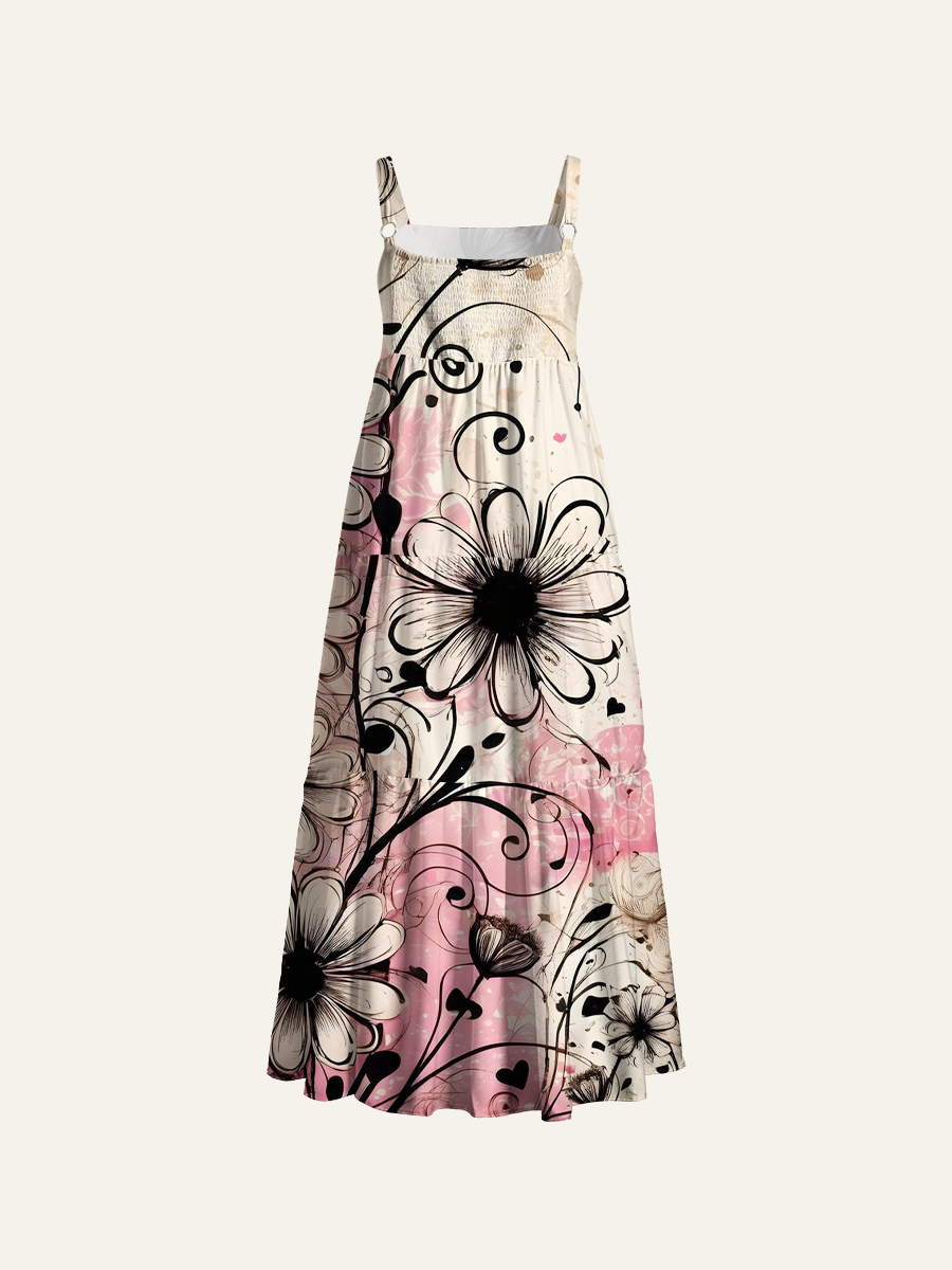 Beige Base Black Outline Daisy & Heart Vintage Collage Adjustable Wide Straps Maxi Dress