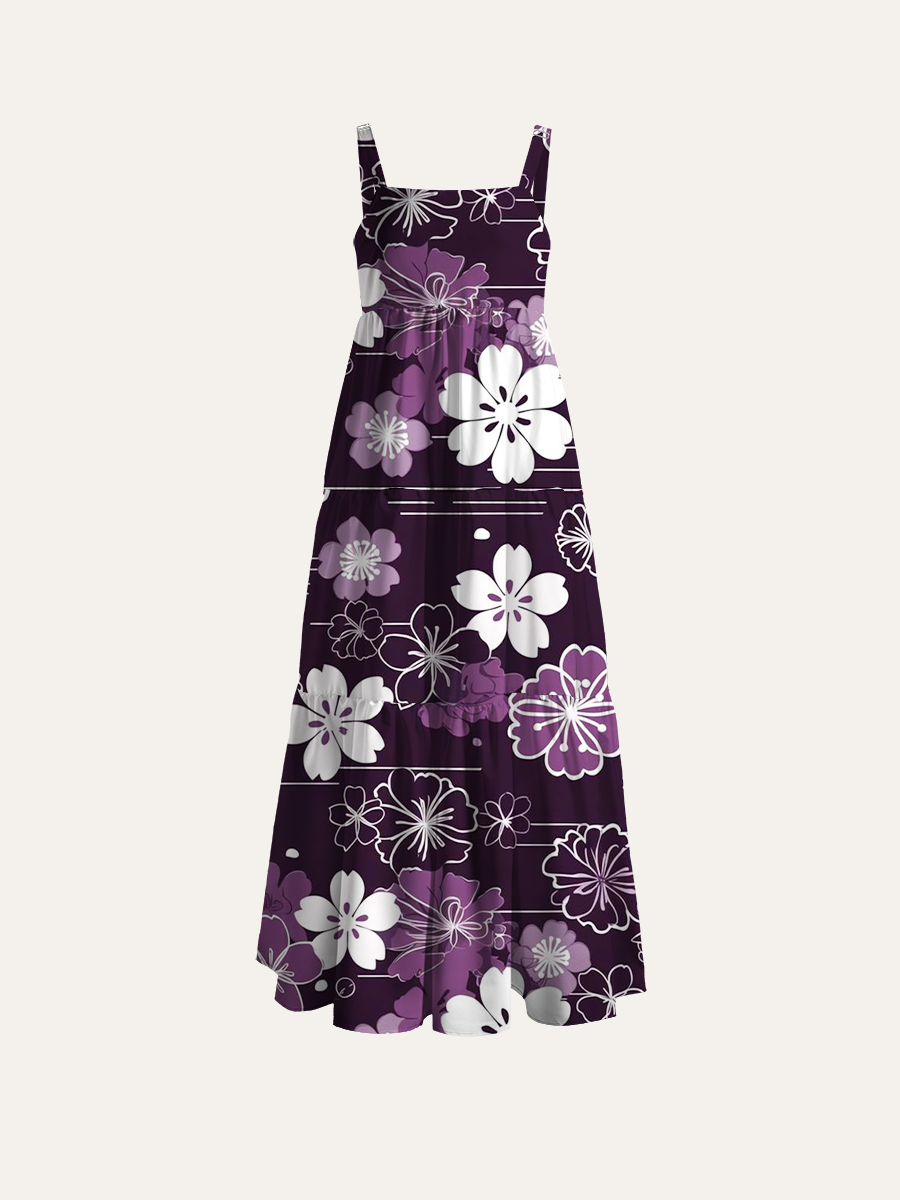 Dark Purple Base White & Lavender Cherry Blossom Adjustable Wide Straps Maxi Dress