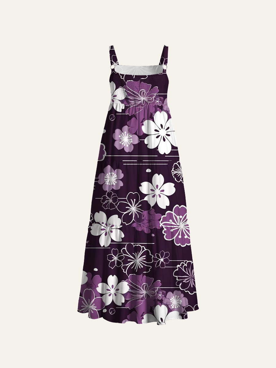 Dark Purple Base White & Lavender Cherry Blossom Adjustable Wide Straps Maxi Dress
