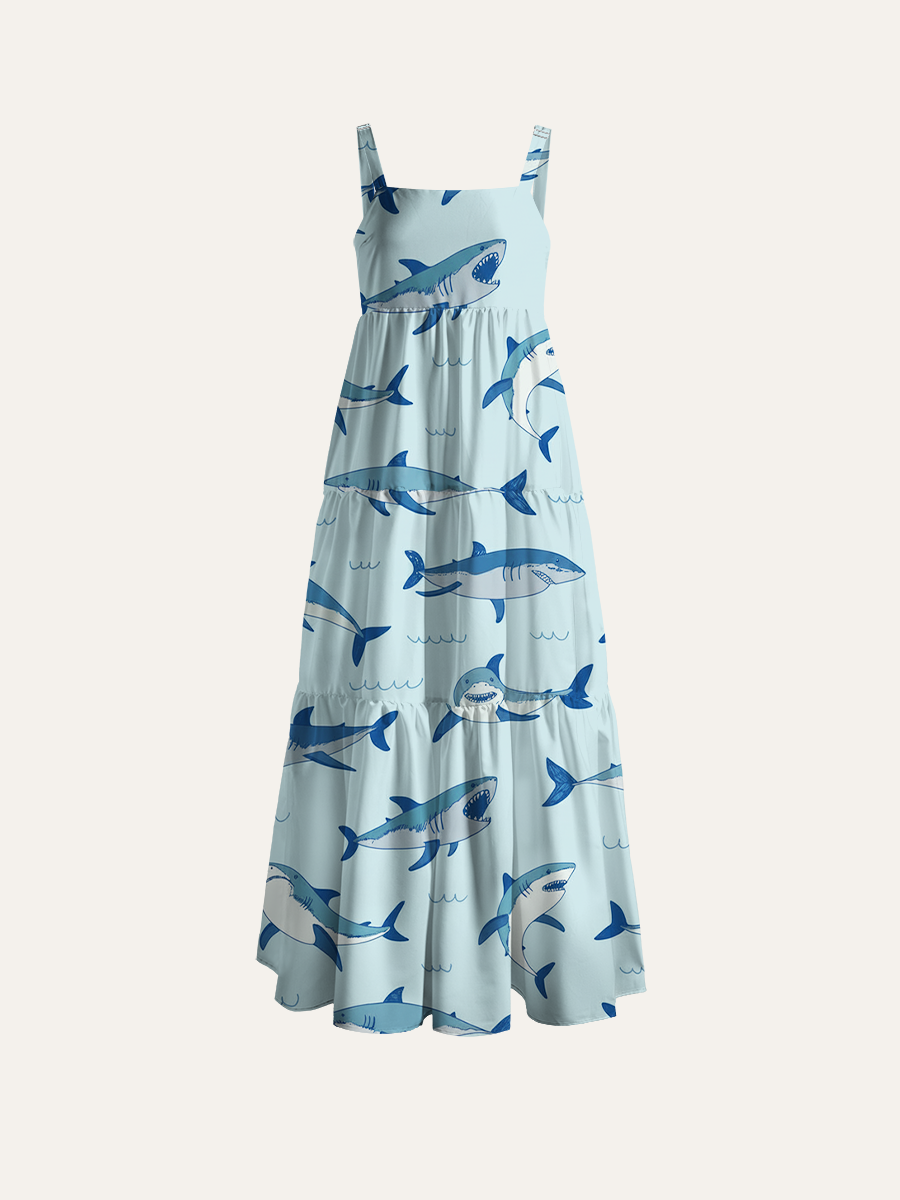  Cartoon Shark Kids Ocean Adjustable Wide Straps Maxi Dress