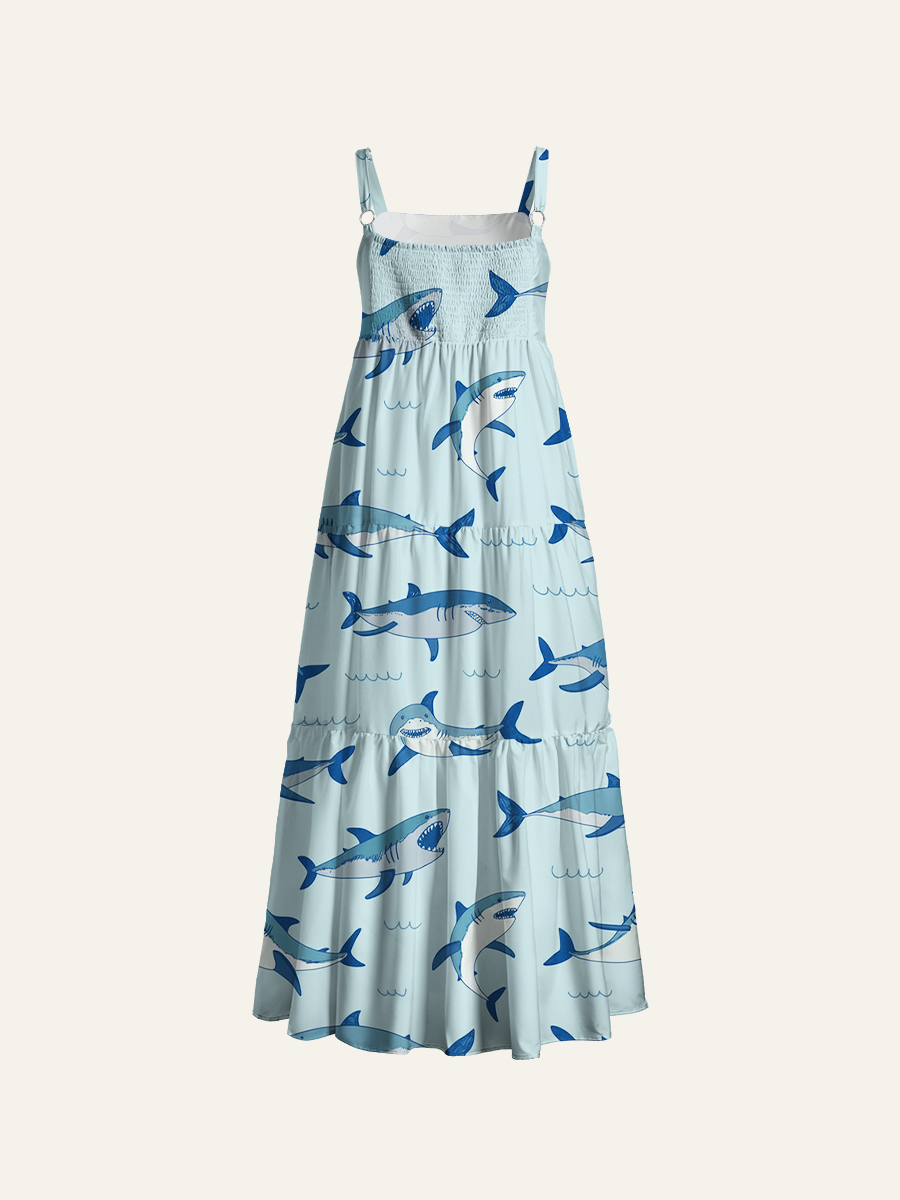  Cartoon Shark Kids Ocean Adjustable Wide Straps Maxi Dress